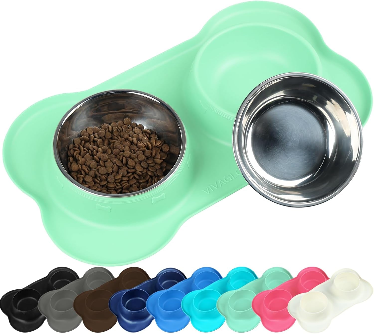 Dog Bowls, Dog Food Bowls, Stainless Steel Cat Puppy Water Bowls with Non Spill Skid Resistant Silicone Mat, Medium, Mint Green