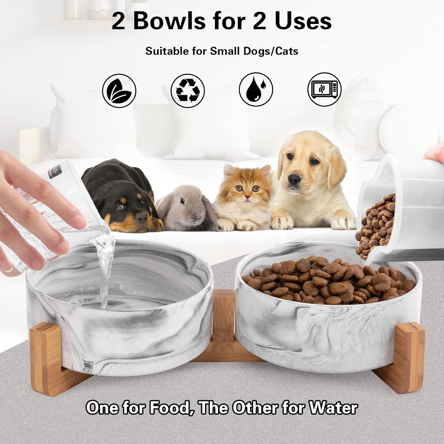 Marbling Cat Bowls, Puppy Ceramic Food and Water Bowls Set, 1 3/4 Cups X 2, Indoors Black Pet Bowls with Wood Stand
