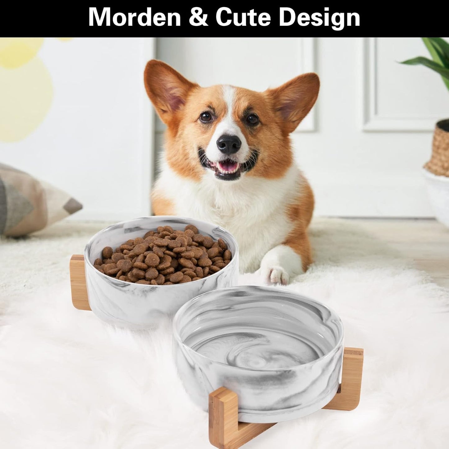 Marbling Cat Bowls, Puppy Ceramic Food and Water Bowls Set, 1 3/4 Cups X 2, Indoors Black Pet Bowls with Wood Stand