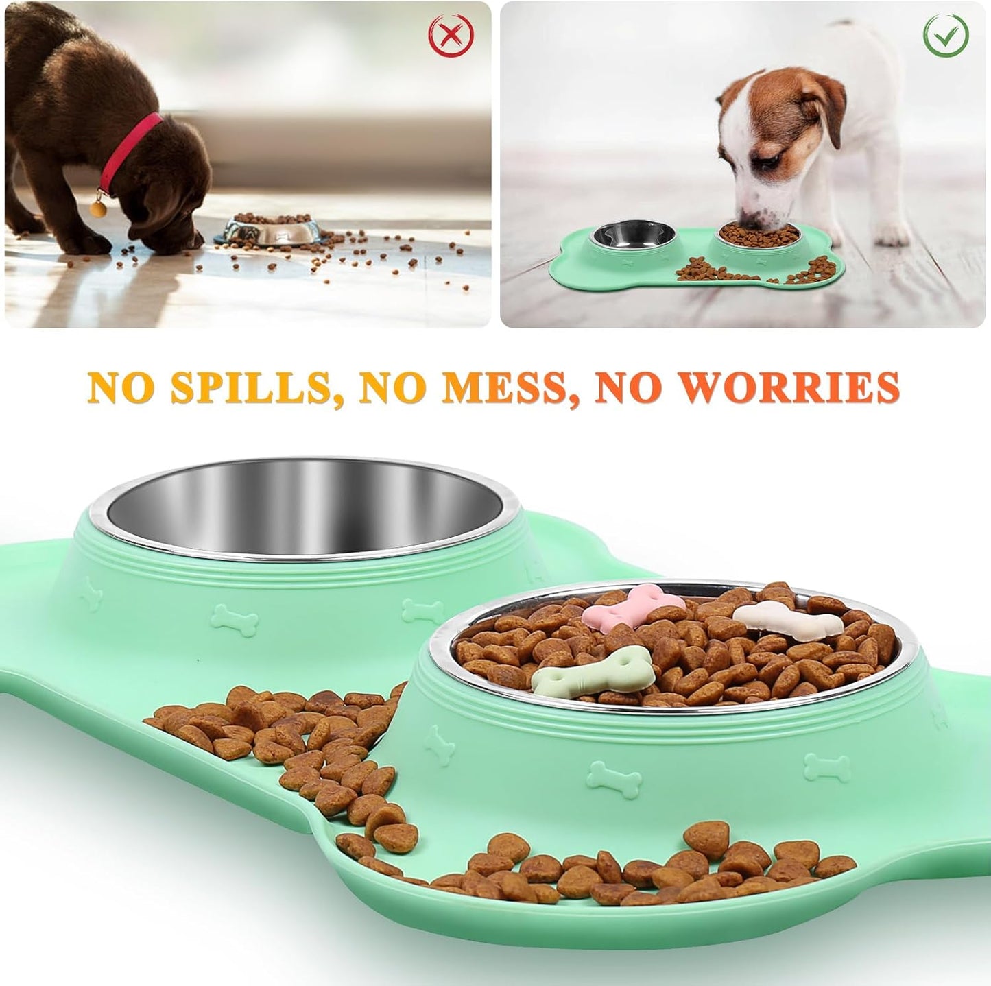 Dog Bowls, Dog Food Bowls, Stainless Steel Cat Puppy Water Bowls with Non Spill Skid Resistant Silicone Mat, Medium, Mint Green
