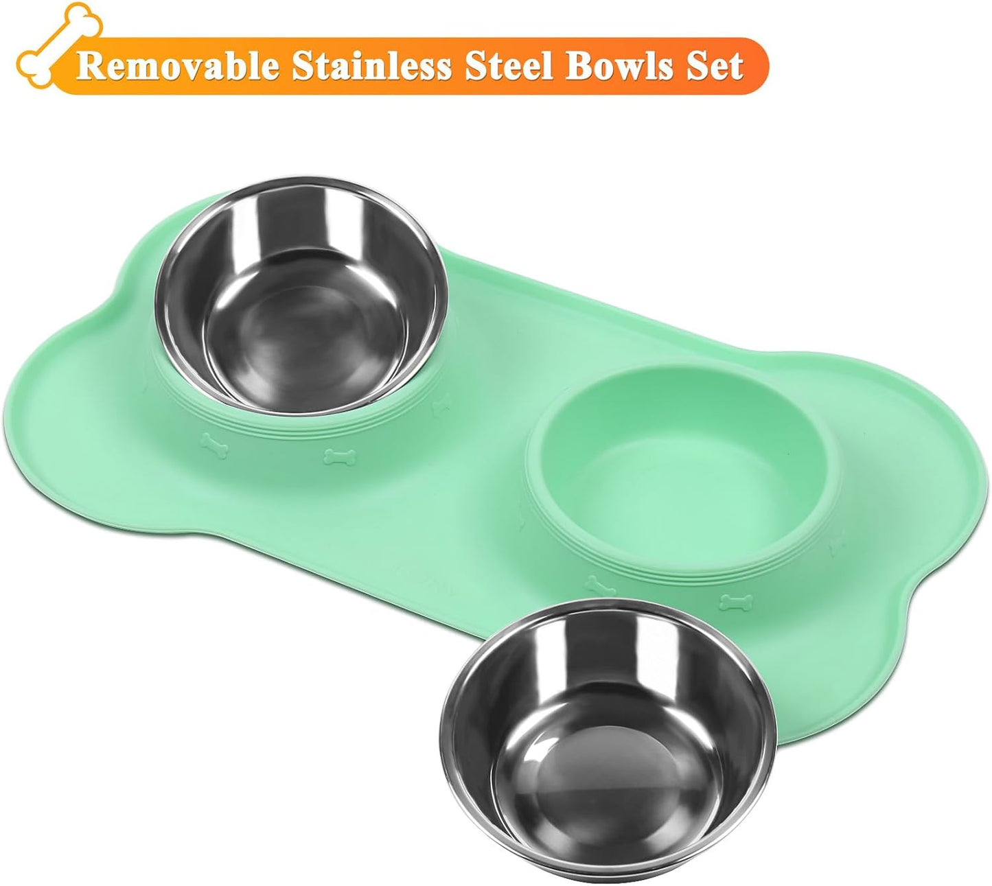 Dog Bowls, Dog Food Bowls, Stainless Steel Cat Puppy Water Bowls with Non Spill Skid Resistant Silicone Mat, Medium, Mint Green