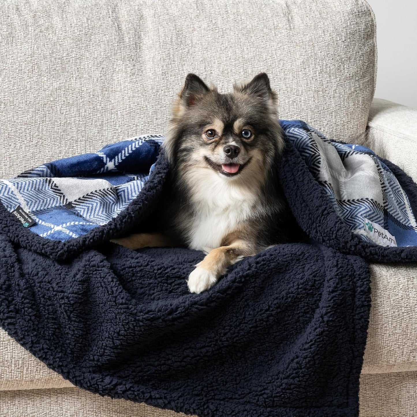 Waterproof Dog Blanket for Small Medium Dog Puppy Cat Throw for Couch Cover Leakproof Protection, Sherpa Fleece, Reversible Soft Washable 29X40 Plaid Navy Blue